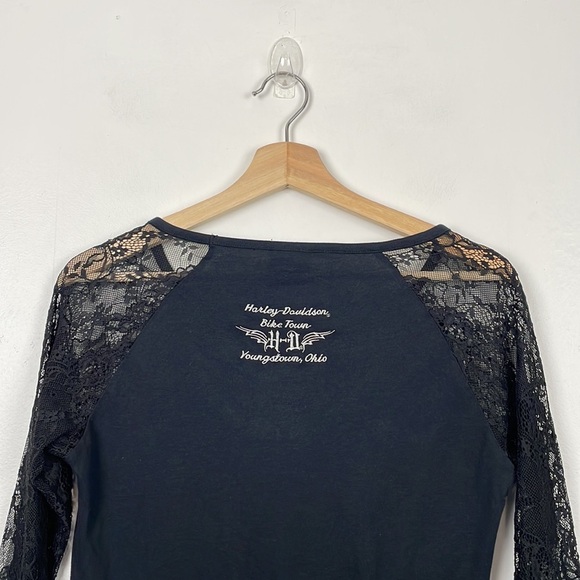Harley Davidson T shirt women size S lace sleeves pullover Biker town logo top - Picture 7 of 9